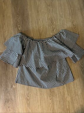 Wayf Black and White Gingham Off-Shoulder Ruffle Top